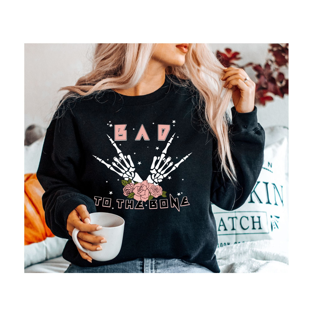 Bad To The Bone Halloween Sweatshirt, Halloween Crewneck, Fall Sweater.jpg