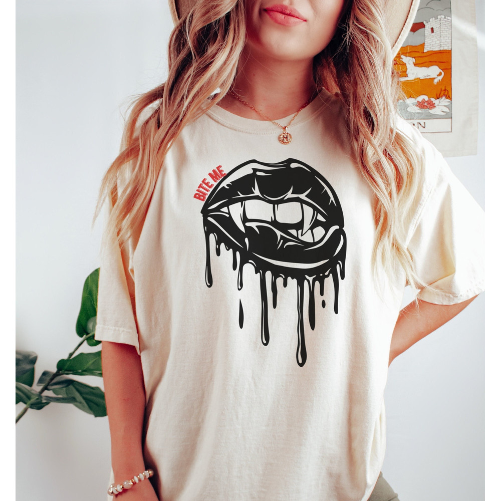 Bite Me Shirt, Vampire Fang T Shirt, Gothic Lips Halloween Shirt, Spooky Season.jpg
