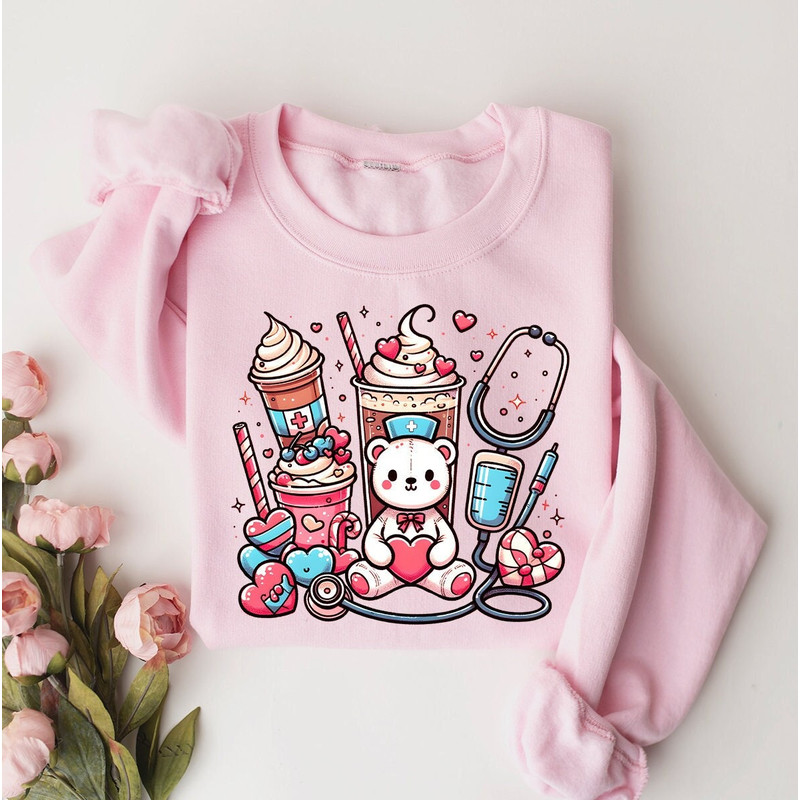 Nurse Bear Coffee Valentine Sweatshirt, Nurse Valentine, Nurse Valentine's Day Sweatshirt, Nurse Gifts, Valentines Day Gift for Nurse.jpg