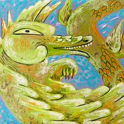 Original painting with a Dragon. Green funny dragon. Acrylic on canvas