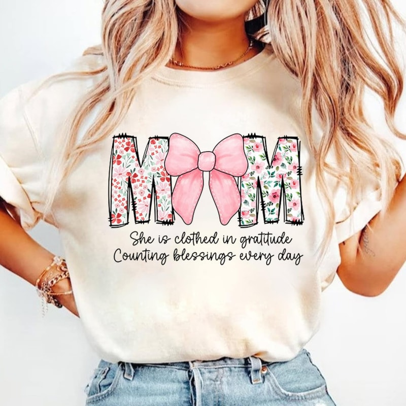 Mom She is Clothed in Gratitude Counting Blessings Every Day Png, Wildflowers Mom png, Bible Verses png,Empowered Women, Mom Coquette Bow