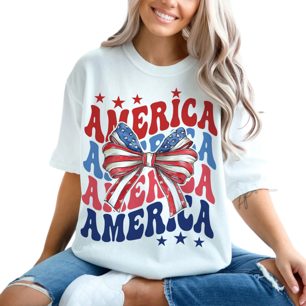 Coquette American Girl Shirt, Coquette Bow Shirt, 4th of July Shirt, America Shirt, American Flag Shirt, Fourth Of July