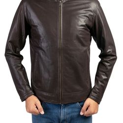 men's brown cow leather jacket with distinctive collar style