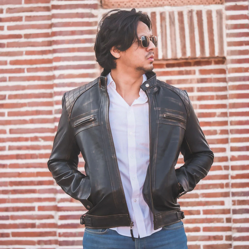 Men's Casual Signature Diamond Lambskin Leather Jacket-Vintage Black_3.jpg