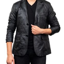 2-Button Men's Lambskin Leather Blazer in Classic Black With Sophisticated Elegance