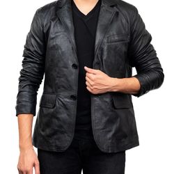 2-button men's lambskin leather blazer in classic black with sophisticated elegance