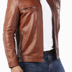 Upgrade Your Style with Men's Casual Signature Diamond Lambskin Leather Jacket in Tan