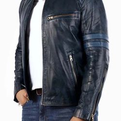 blue cafe racer genuine lambskin leather jacket – stylish men's outerwear for timeless elegance