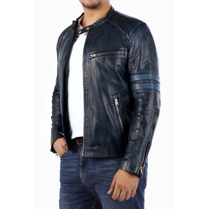 Cafe Racer Genuine Lambskin Leather Jacket-Blue_1.jpg