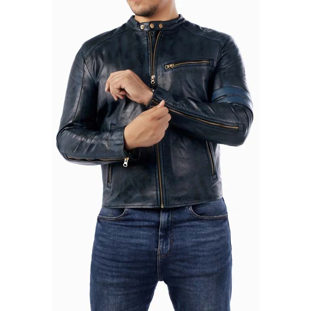 Cafe Racer Genuine Lambskin Leather Jacket-Blue_3.jpg