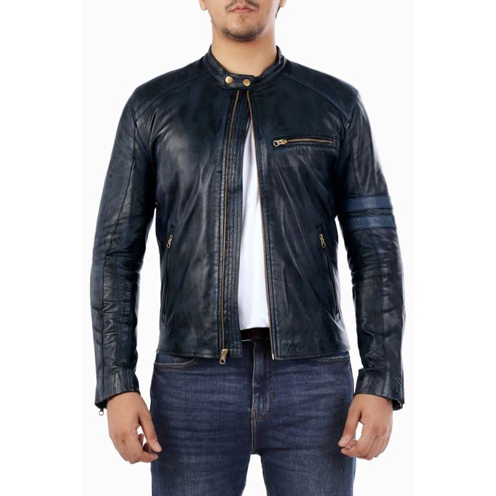 Cafe Racer Genuine Lambskin Leather Jacket-Blue_4.jpg