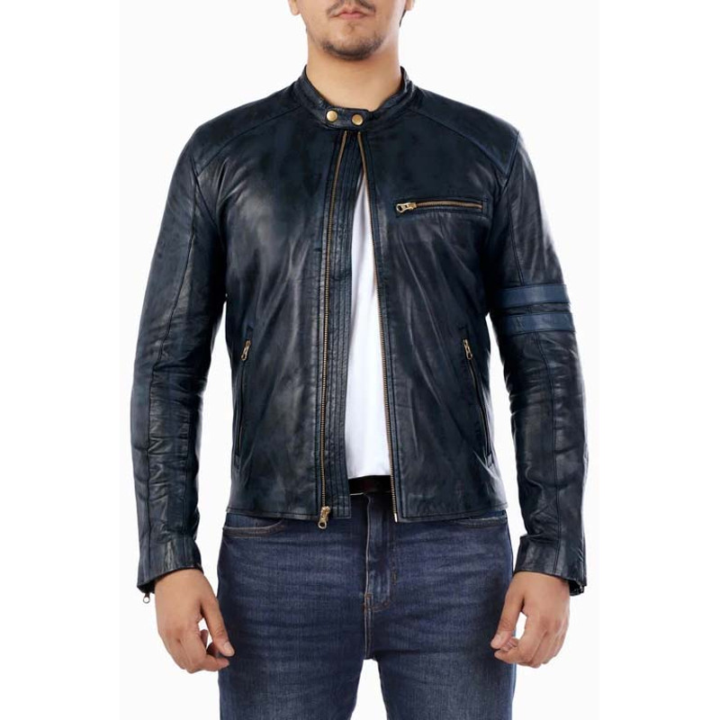 Cafe Racer Genuine Lambskin Leather Jacket-Blue_4.jpg
