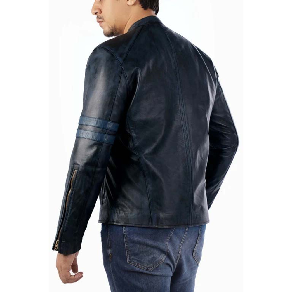 Cafe Racer Genuine Lambskin Leather Jacket-Blue_5.jpg