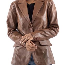 Luxurious Lambskin Leather Blazer - Classic 2-Button Style for Women in Cognac