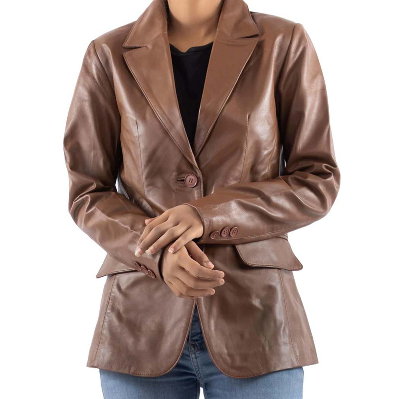 Classic 2-Button Lambskin Leather Blazer Women-Cognac_1.jpg