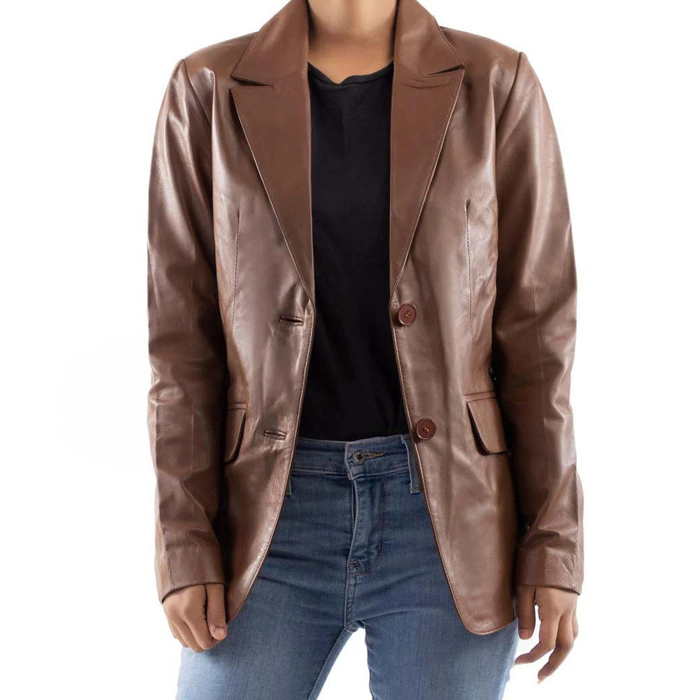Classic 2-Button Lambskin Leather Blazer Women-Cognac_2.jpg