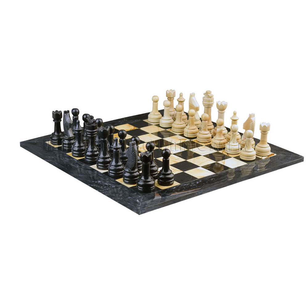 Jet Black Burma Teak Marble Natural Stone Chess Set With Rustic Series Chess Pieces 0