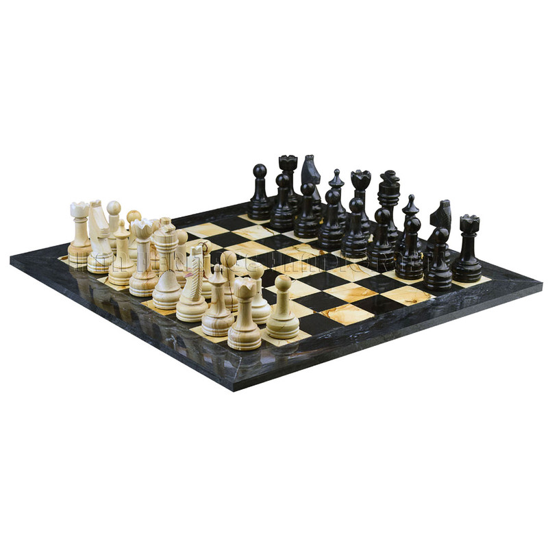 Jet Black Burma Teak Marble Natural Stone Chess Set With Rustic Series Chess Pieces 2