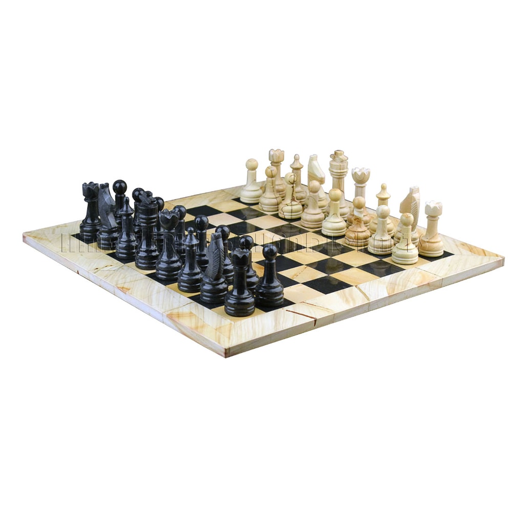 Burma Teak Jet Black Marble Natural Stone Chess Set With Rustic Series Chess Pieces 2