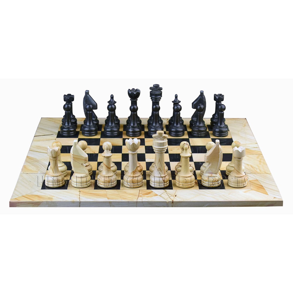 Burma Teak Jet Black Marble Natural Stone Chess Set With Rustic Series Chess Pieces 1