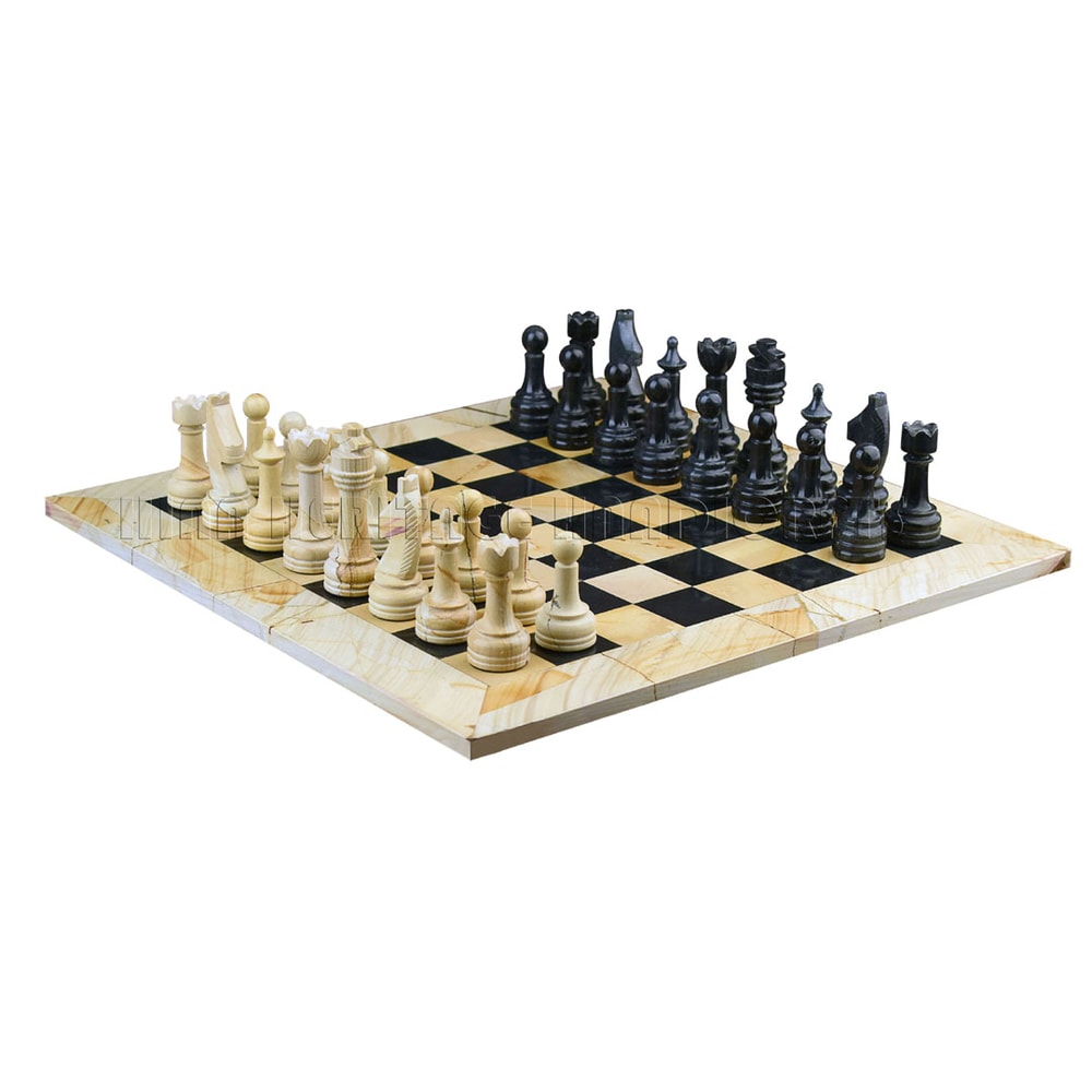 Burma Teak Jet Black Marble Natural Stone Chess Set With Rustic Series Chess Pieces 0