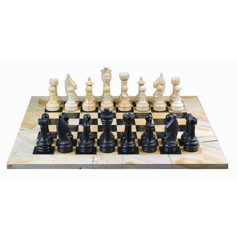 Burma Teak Jet Black Marble Natural Stone Chess Set With Rustic Series Chess Pieces 3