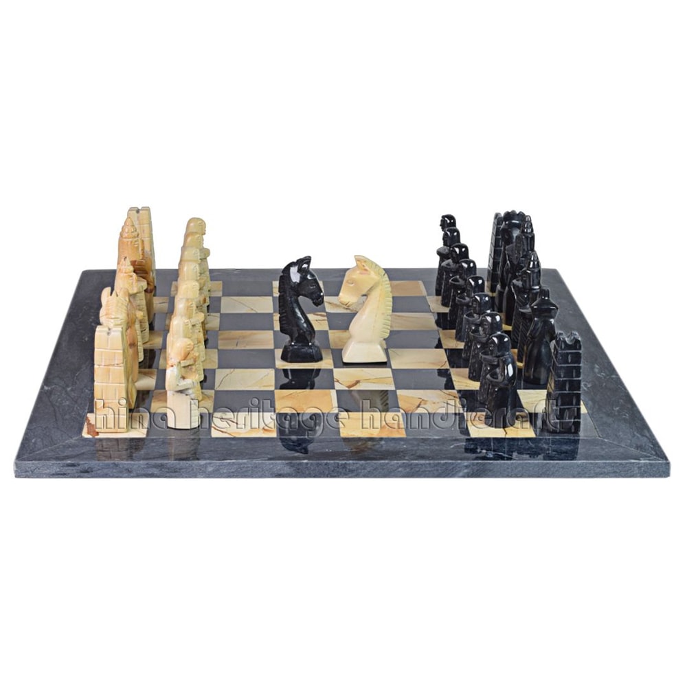 Luxurious Black Burma Teak Marble Chess Set Royal Bishop Series Handcrafted Stone Chessboard Pi 1