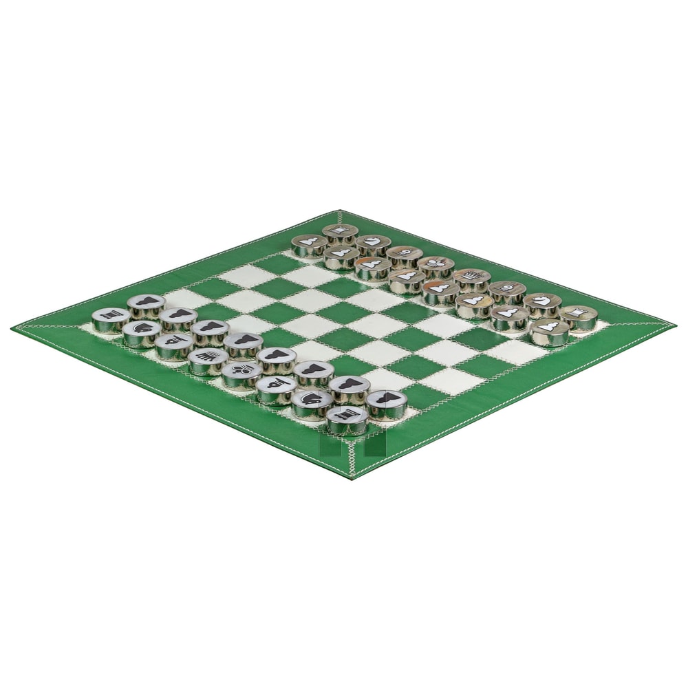 Splash Green Leather RollUp Chess Set With ZigZag Stitching Marble Checkers With Metallic Edge Le 0