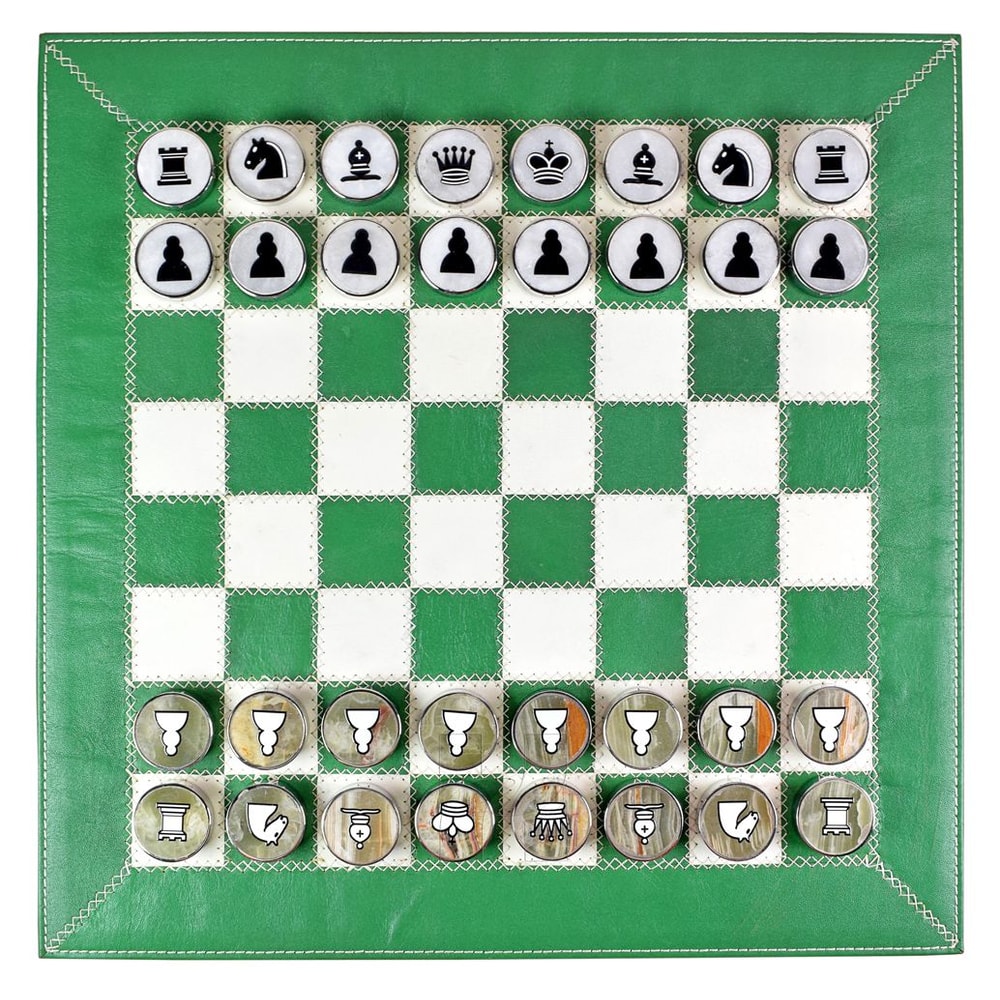 Splash Green Leather RollUp Chess Set With ZigZag Stitching Marble Checkers With Metallic Edge Le 3