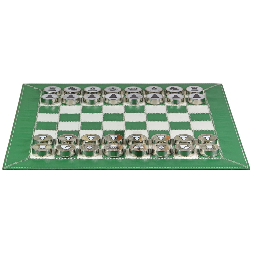 Splash Green Leather RollUp Chess Set With ZigZag Stitching Marble Checkers With Metallic Edge Le 1