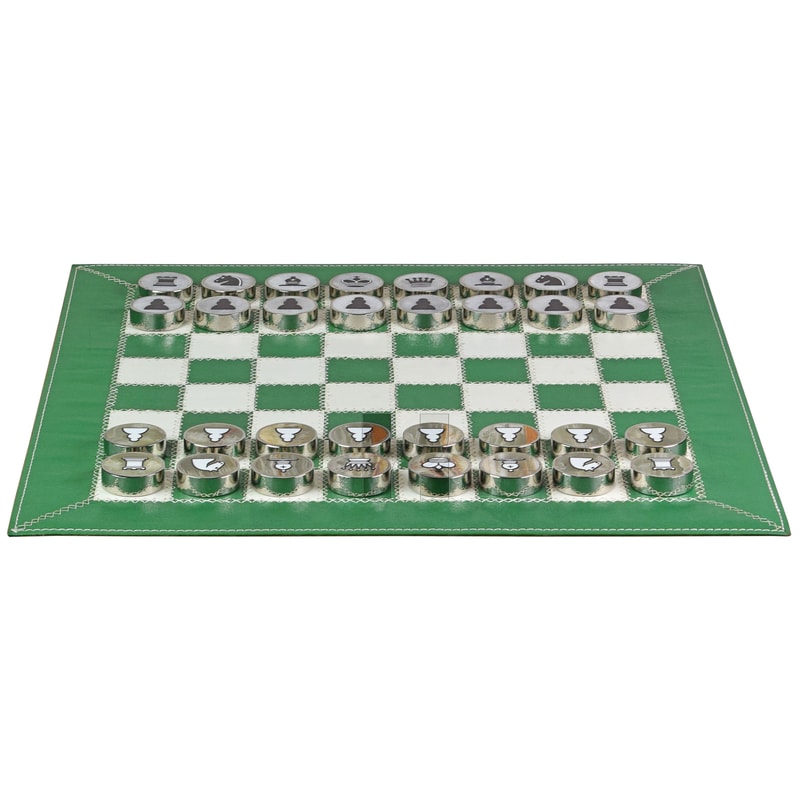 Splash Green Leather RollUp Chess Set With ZigZag Stitching Marble Checkers With Metallic Edge Le 1