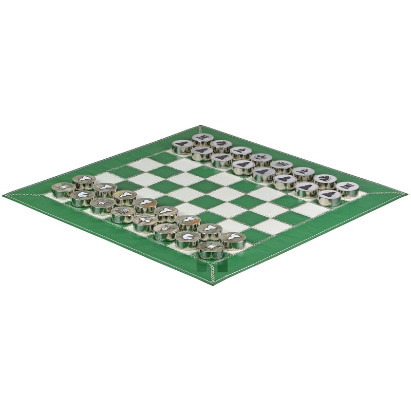 Splash Green Leather RollUp Chess Set With ZigZag Stitching Marble Checkers With Metallic Edge Le 2