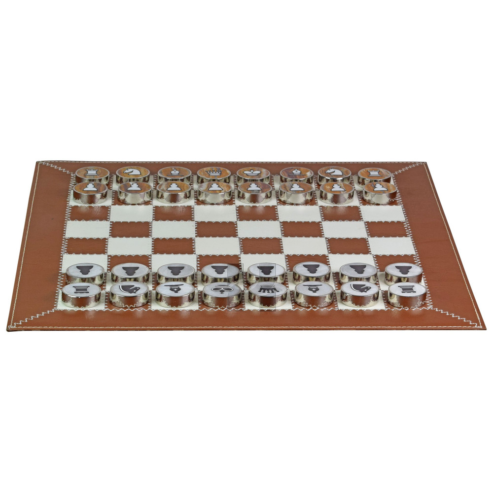 Luxury Walnut Brown Leather Rollup Chess Set Marble Checkers Metallic Trim ZigZag Stitching Leath 1