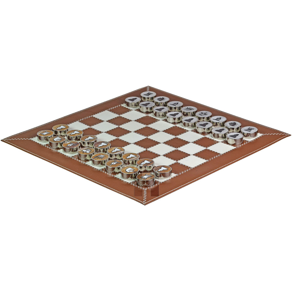 Luxury Walnut Brown Leather Rollup Chess Set Marble Checkers Metallic Trim ZigZag Stitching Leath 0