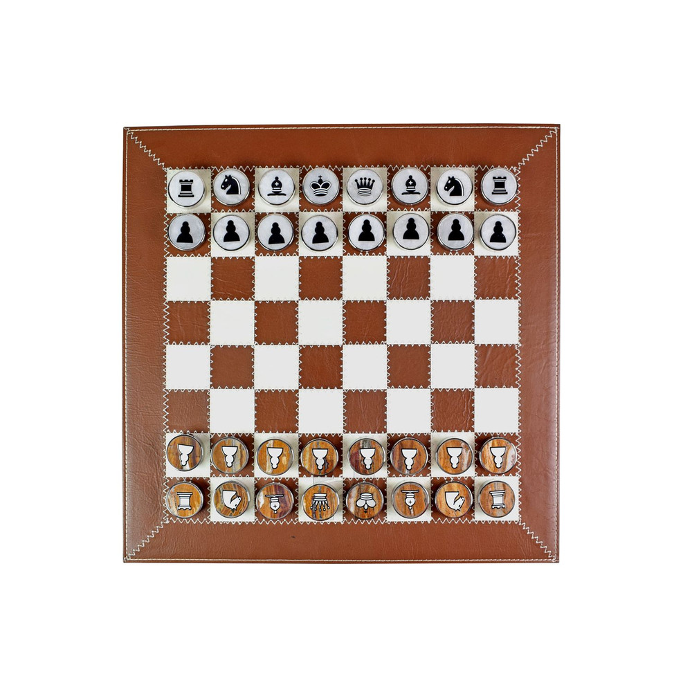 Luxury Walnut Brown Leather Rollup Chess Set Marble Checkers Metallic Trim ZigZag Stitching Leath 3