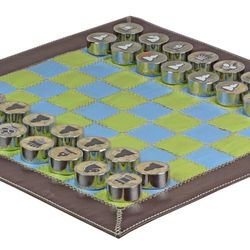 multicolor leather roll up chess set – sky blue, green & brown with marble metallic edge checkers & leather storage tube