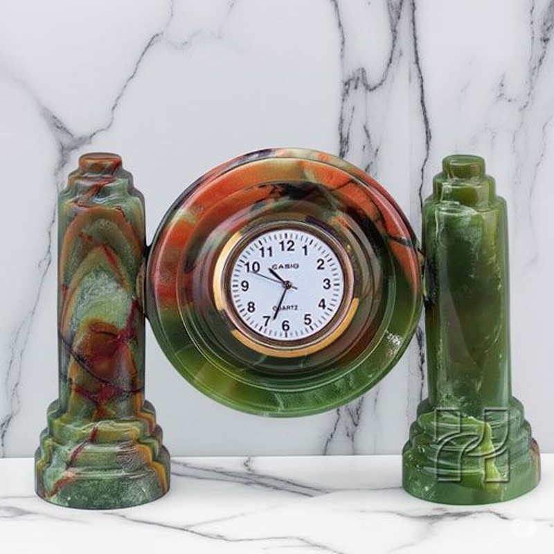 Green Onyx Twin Pillar Desk Clock  Natural Stone Table Clock  Handcrafted Decorative Clock For Home 1