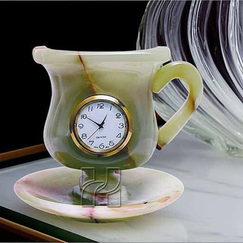 Handcrafted 4x4 Inch Green Onyx Marble Cup Saucer Table ClockNatural Stone Decorative Desk Clock Fo 0
