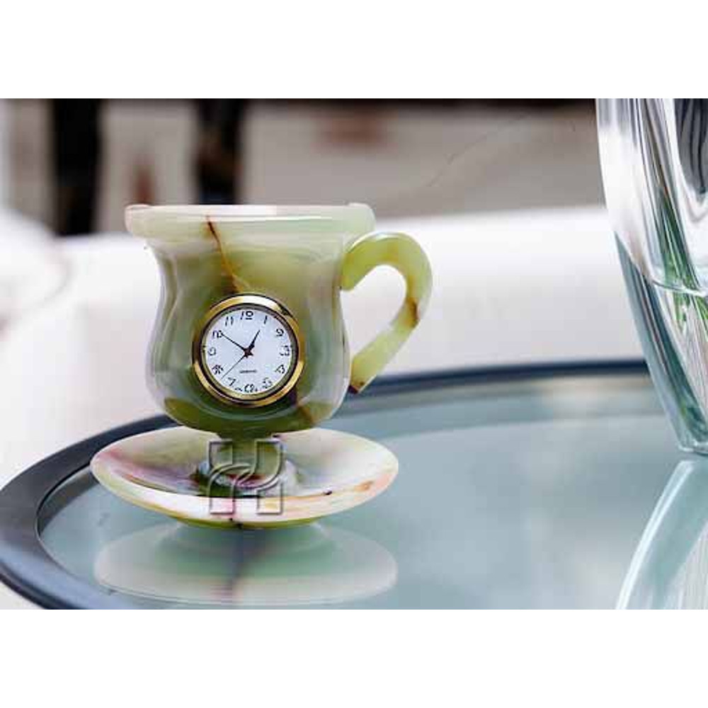 Handcrafted 4x4 Inch Green Onyx Marble Cup Saucer Table ClockNatural Stone Decorative Desk Clock Fo 3