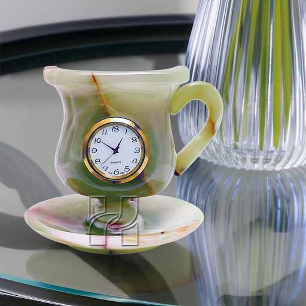 Handcrafted 4x4 Inch Green Onyx Marble Cup Saucer Table ClockNatural Stone Decorative Desk Clock Fo 1