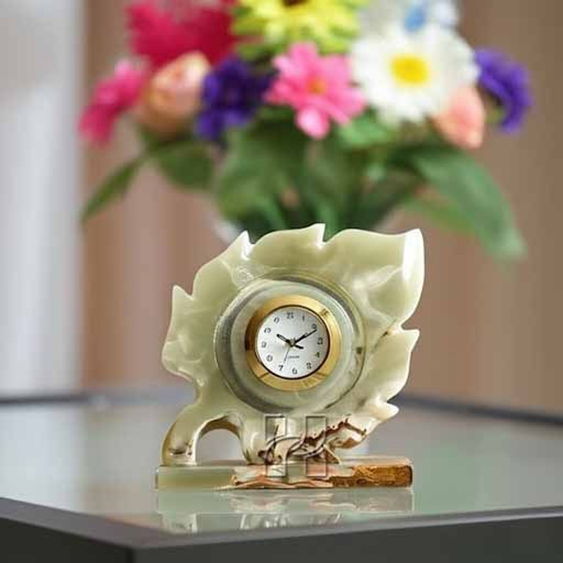 Green Onyx Maple Leaf Desk Clock  Handcrafted Natural Stone Art For Office Or Home 5