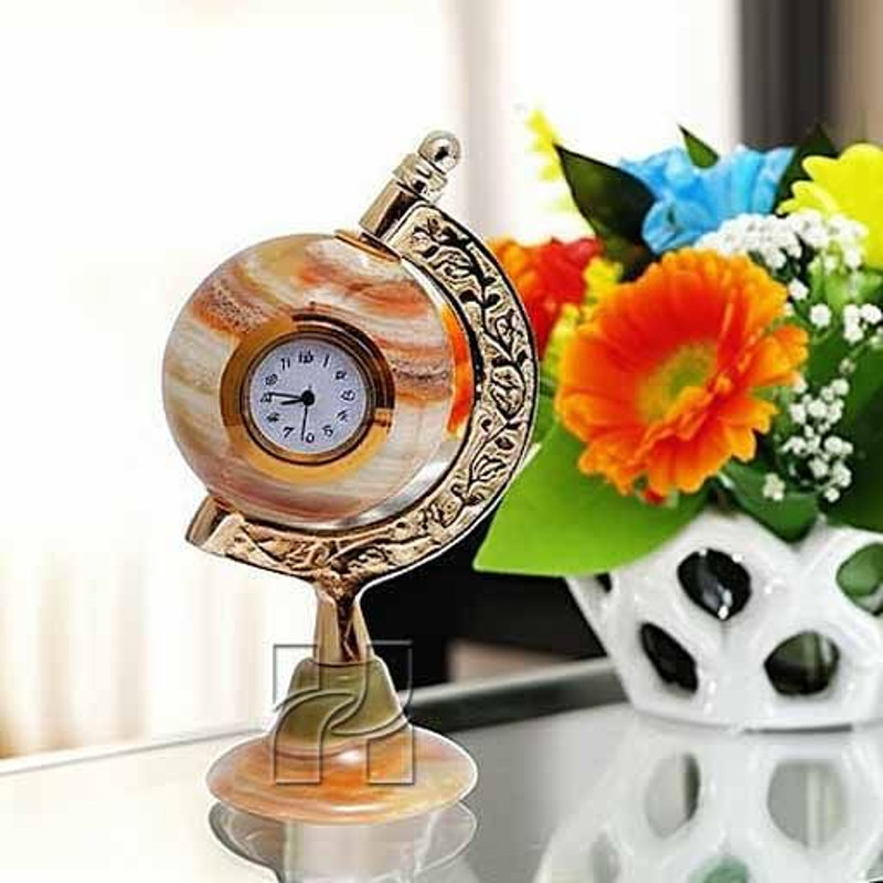 Natural Green Onyx Globe Clock For Study Table Handcrafted Decorative Timepiece 0