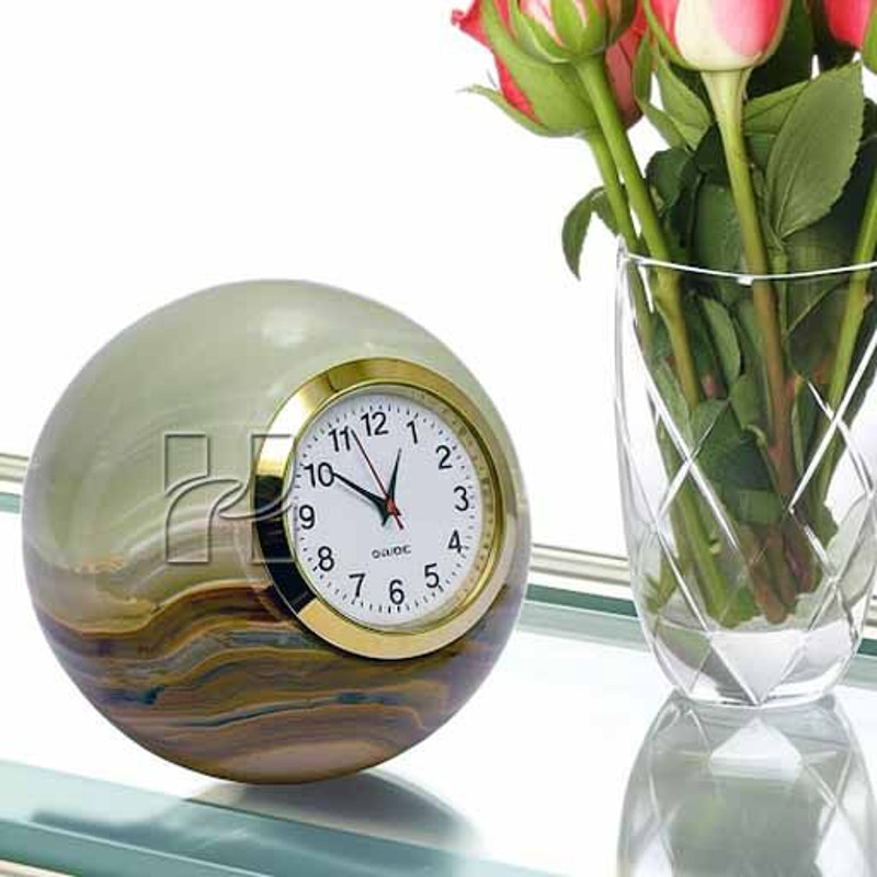 HandCarved Green Onyx Sphere Desk Clock  Natural Stone Ball Timepiece For Office  Home Decor 0