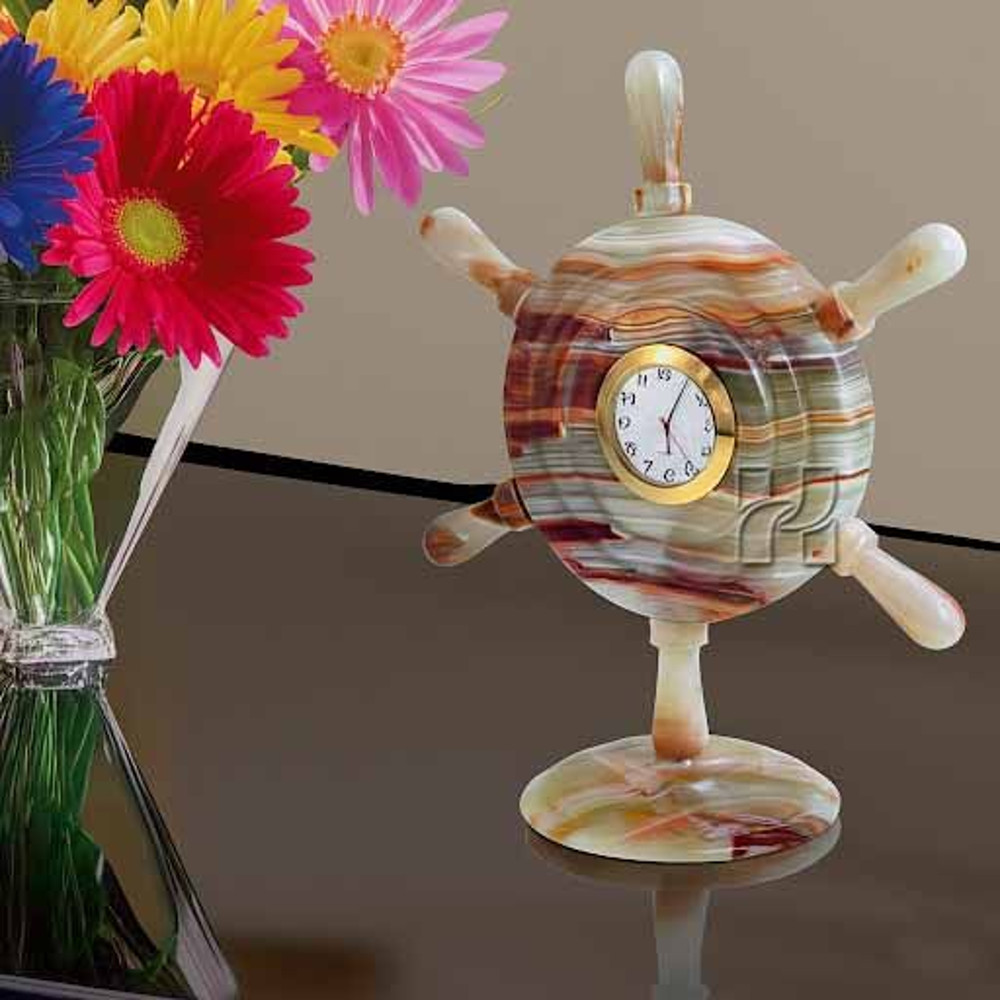 HandCarved Green Onyx Ship Wheel Clock Natural Stone Nautical Desk Accessory For Home Office Decor 0