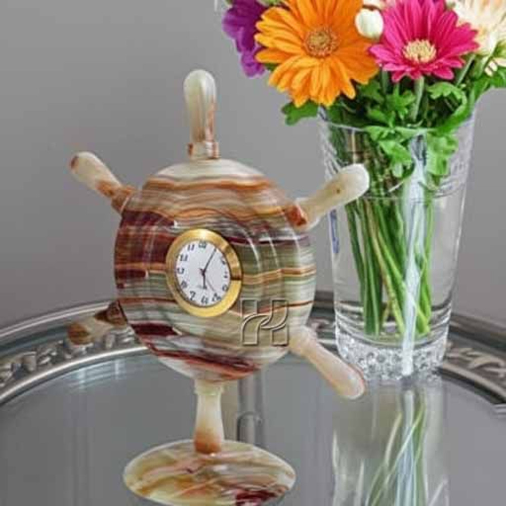 HandCarved Green Onyx Ship Wheel Clock Natural Stone Nautical Desk Accessory For Home Office Decor 2