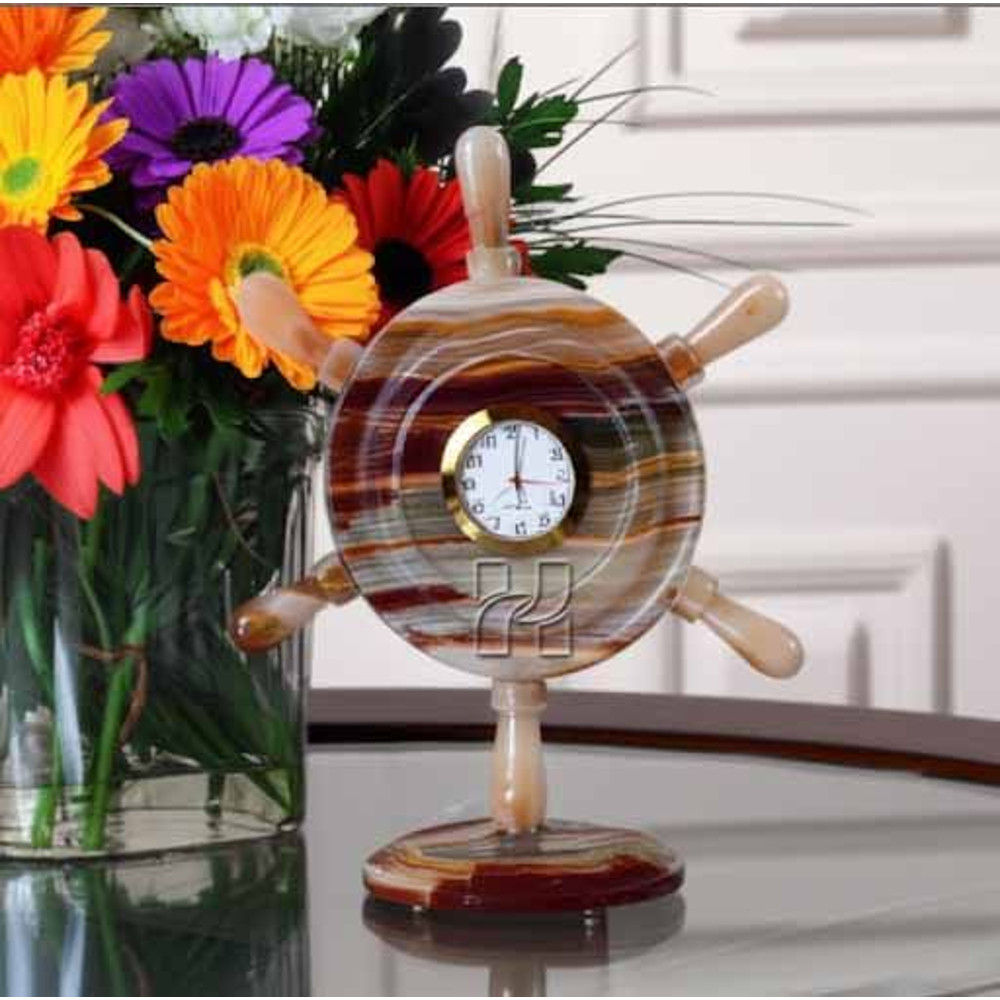 HandCarved Green Onyx Ship Wheel Clock Natural Stone Nautical Desk Accessory For Home Office Decor 3