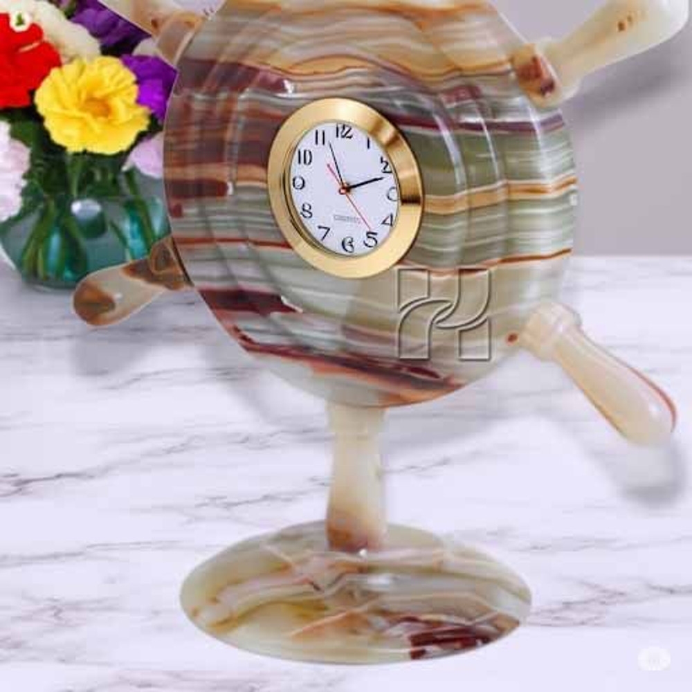 HandCarved Green Onyx Ship Wheel Clock Natural Stone Nautical Desk Accessory For Home Office Decor 4