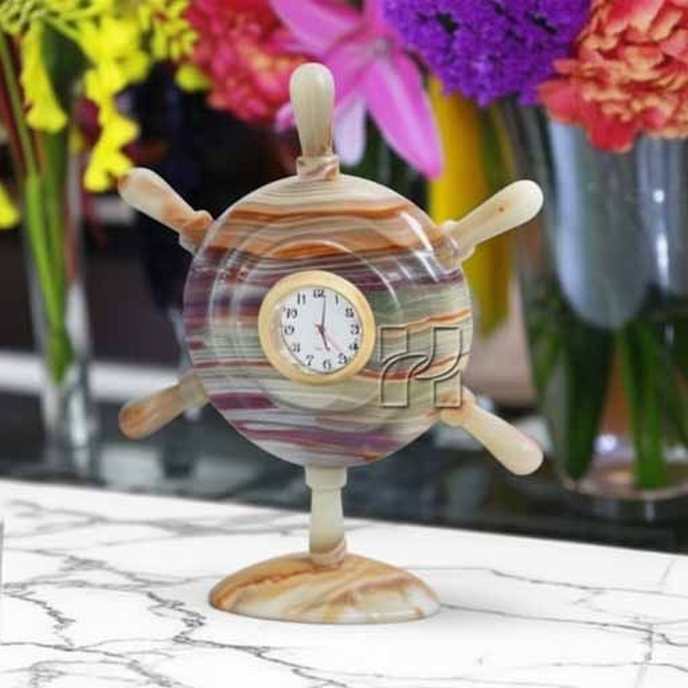 HandCarved Green Onyx Ship Wheel Clock Natural Stone Nautical Desk Accessory For Home Office Decor 5