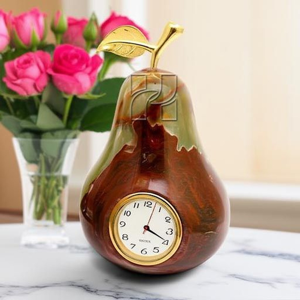 HandCarved Peach Shape Green Onyx Clock Elegant Natural Stone Decor For Home And Office 2