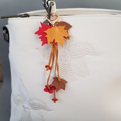 Orange maple Leaf Keychain Leather tassel charm Leather Pendant, art 9